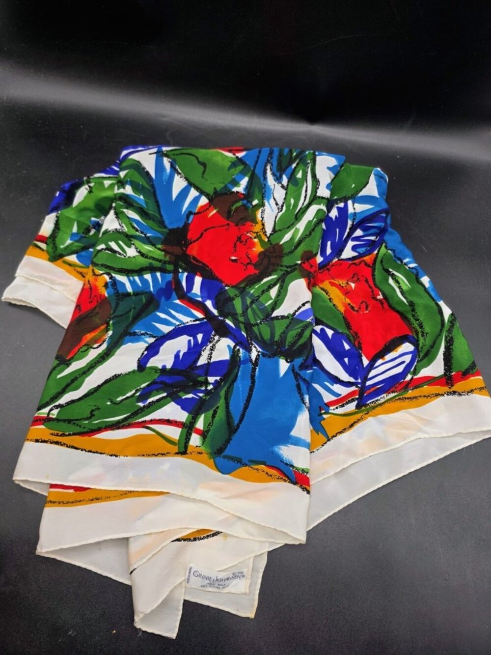 Vintage 1990's Ginnie Johansen 100% Silk Scarf Abstract Bold Floral Boho Retro